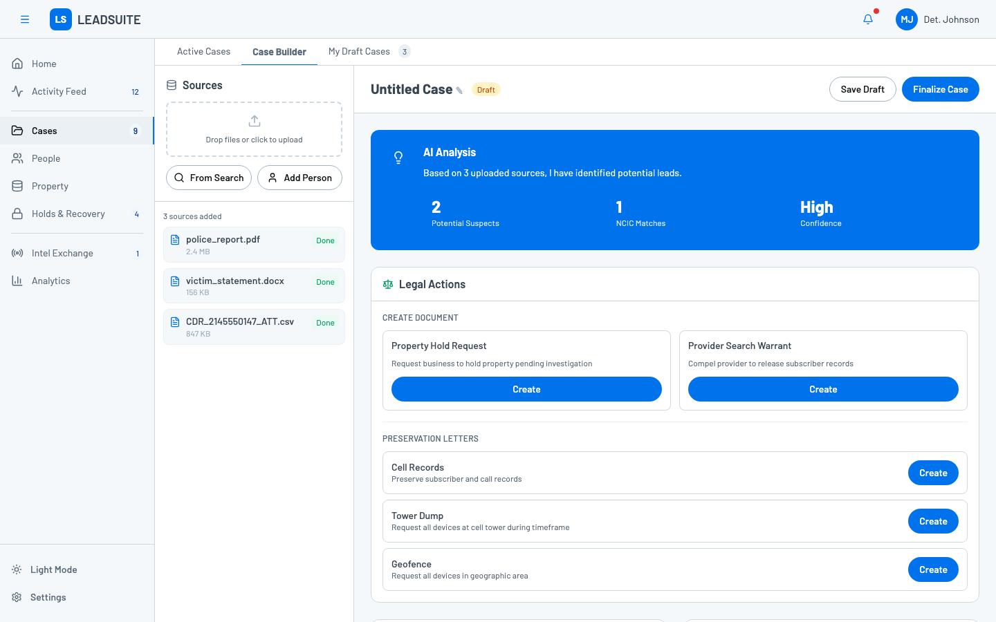 Case Builder with uploaded sources, AI analysis showing potential suspects and NCIC matches, and legal document generation