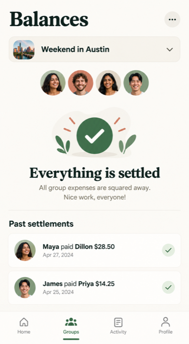 Tabby balances screen showing a settled group and past payments