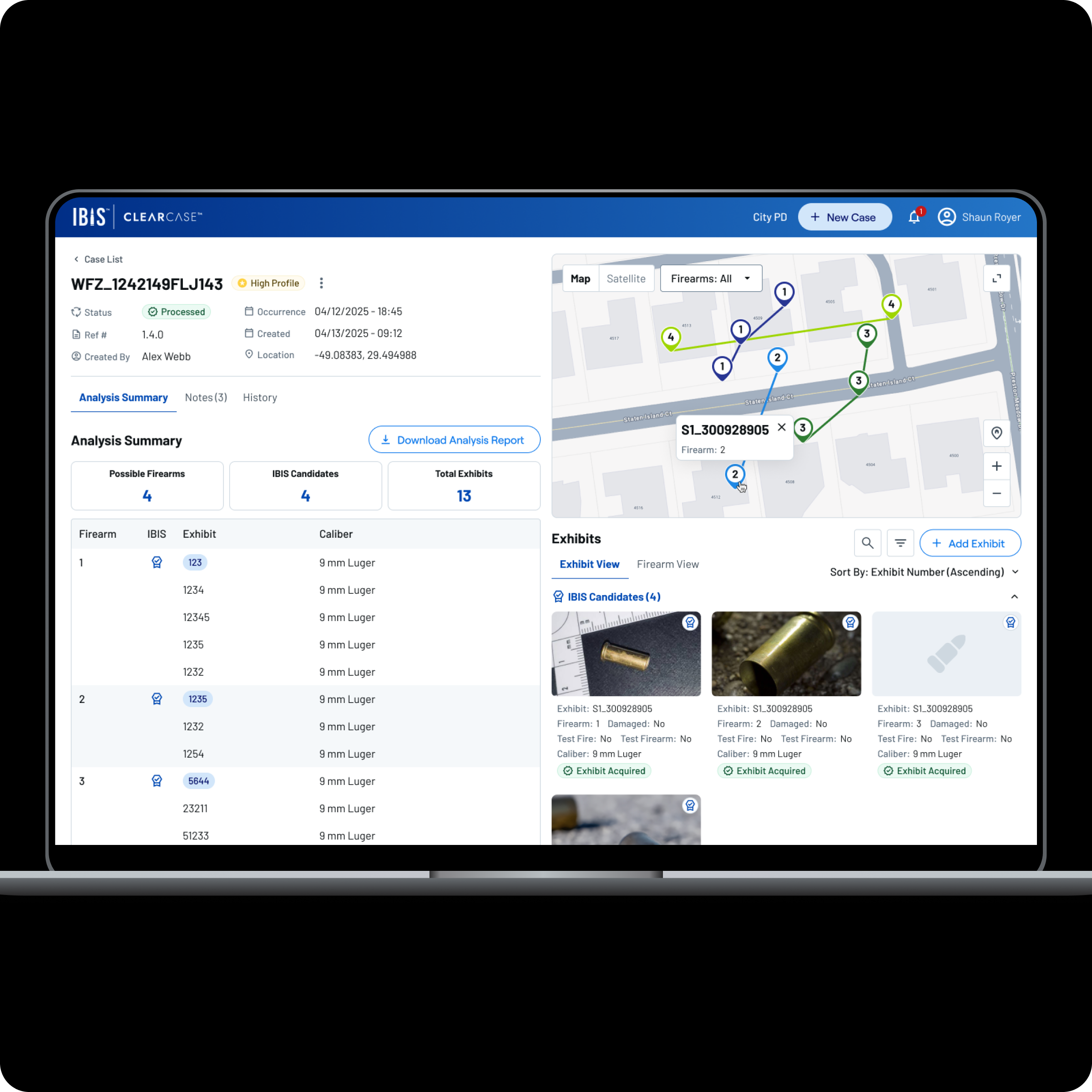 Redesigned case detail showing analysis summary, firearm table, map, and exhibit cards