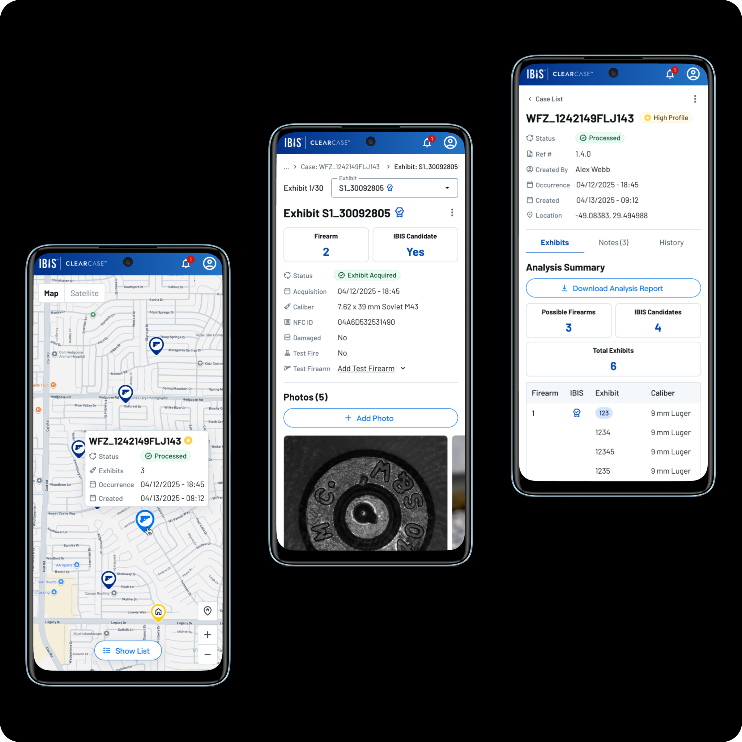ClearCase responsive mobile views showing case map, exhibit detail, and case detail