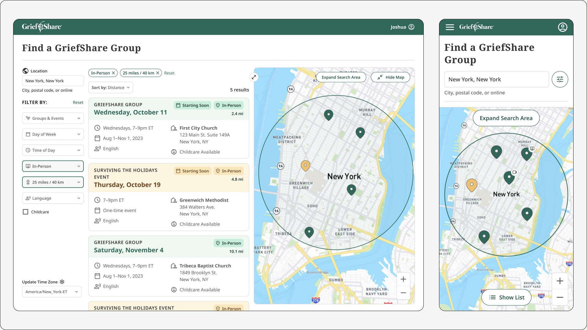 High-fidelity mockup of the redesigned Find a Group page