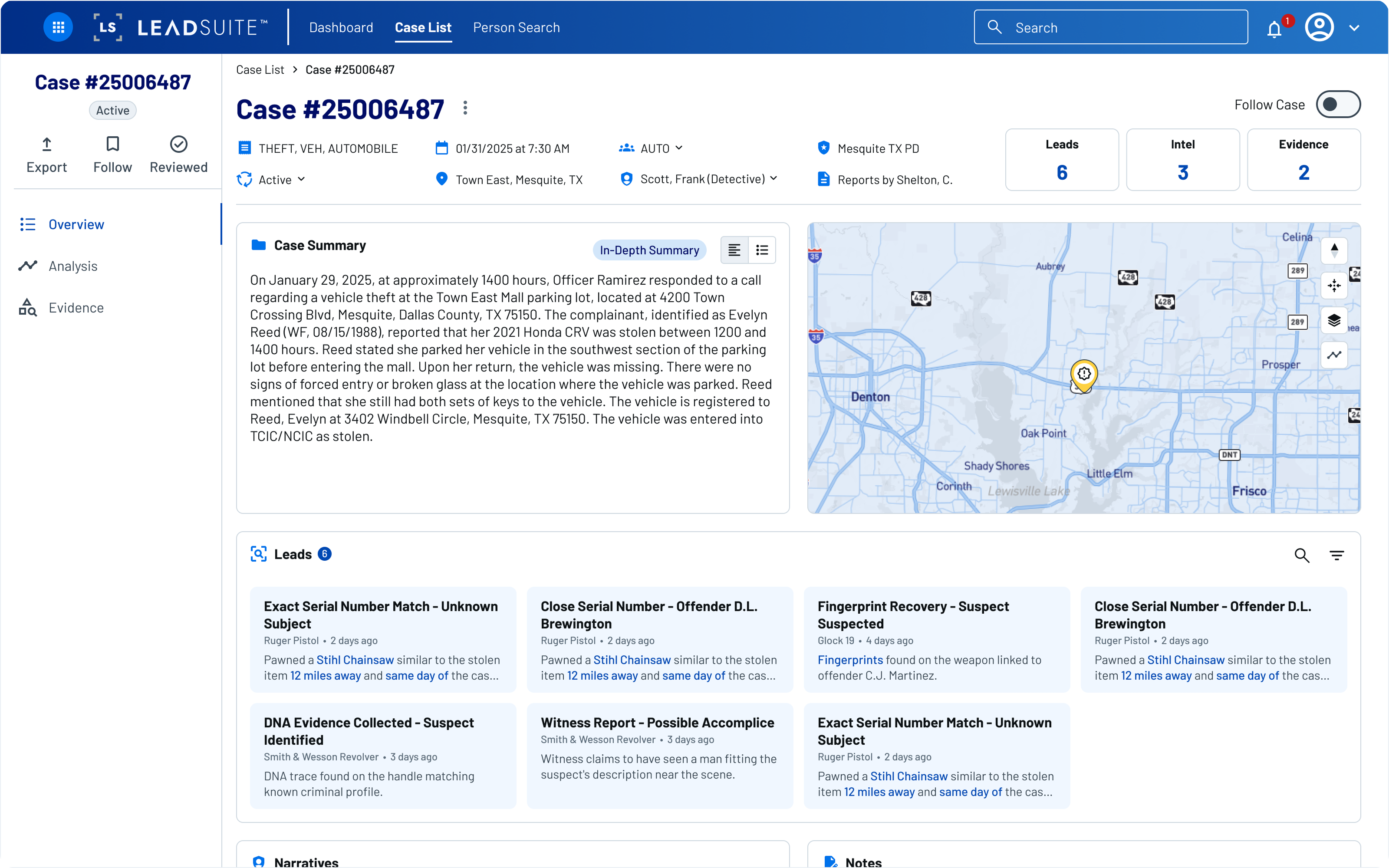 Redesigned case detail overview showing case summary, leads cards, and map