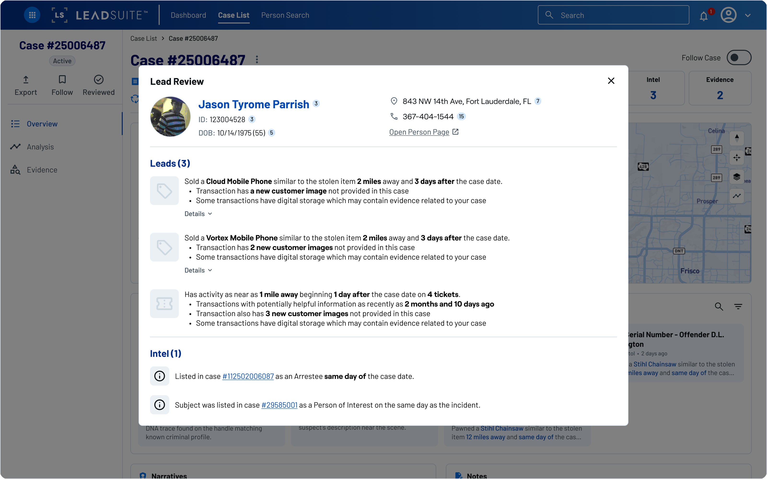 Lead review modal showing a person of interest with investigative leads and intel connections